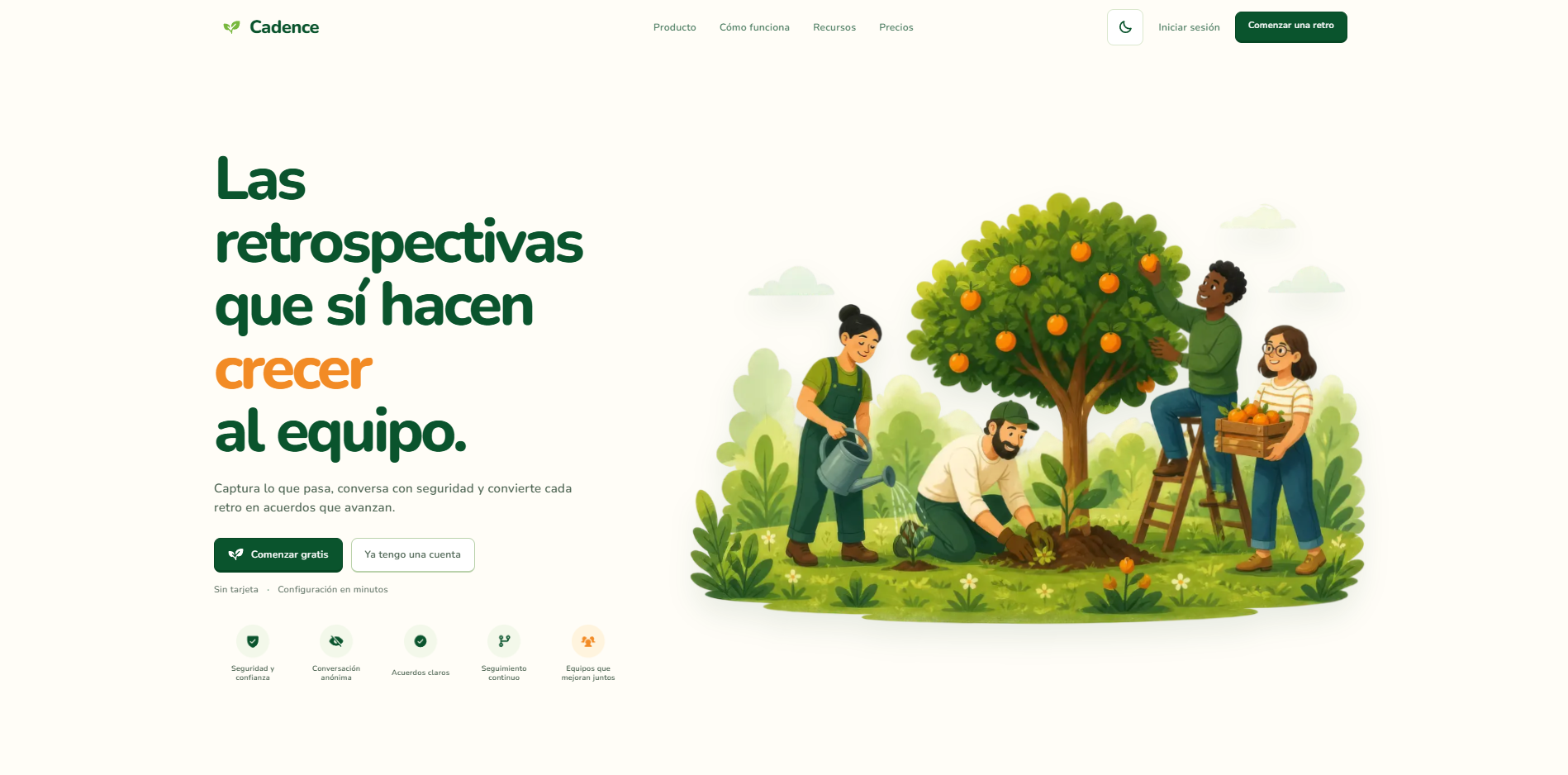 Página principal de Cadence con una ilustración sobre crecimiento y trabajo en equipo.