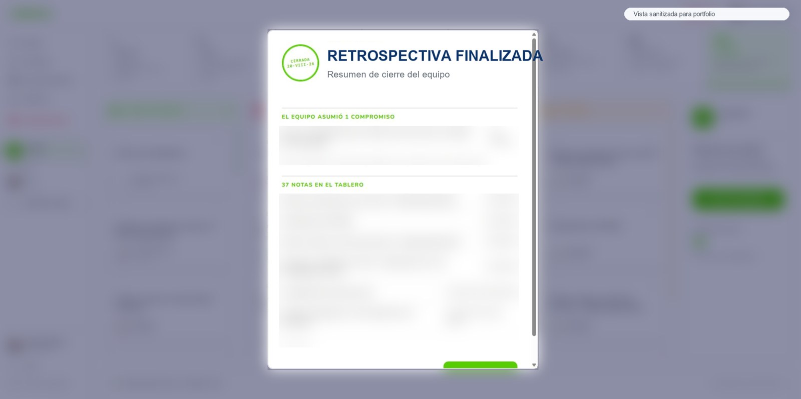 Vista sanitizada del resumen de cierre de una retrospectiva en Cadence.